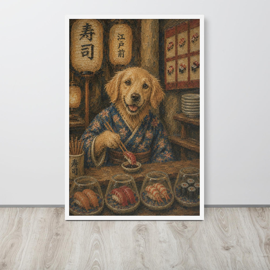 Golden Retriever Retro Japanese Bar Wall Art Print lifestyle photo capturing funny dog print, suited to dog gifts spaces