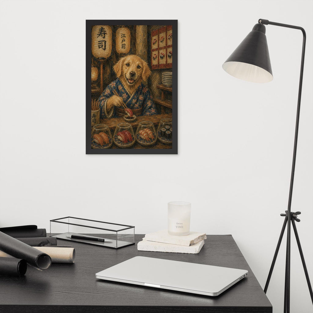 Golden Retriever Japanese Bar Wall Art Print styled on a wall, blending dog painting and funny dog print inspiration