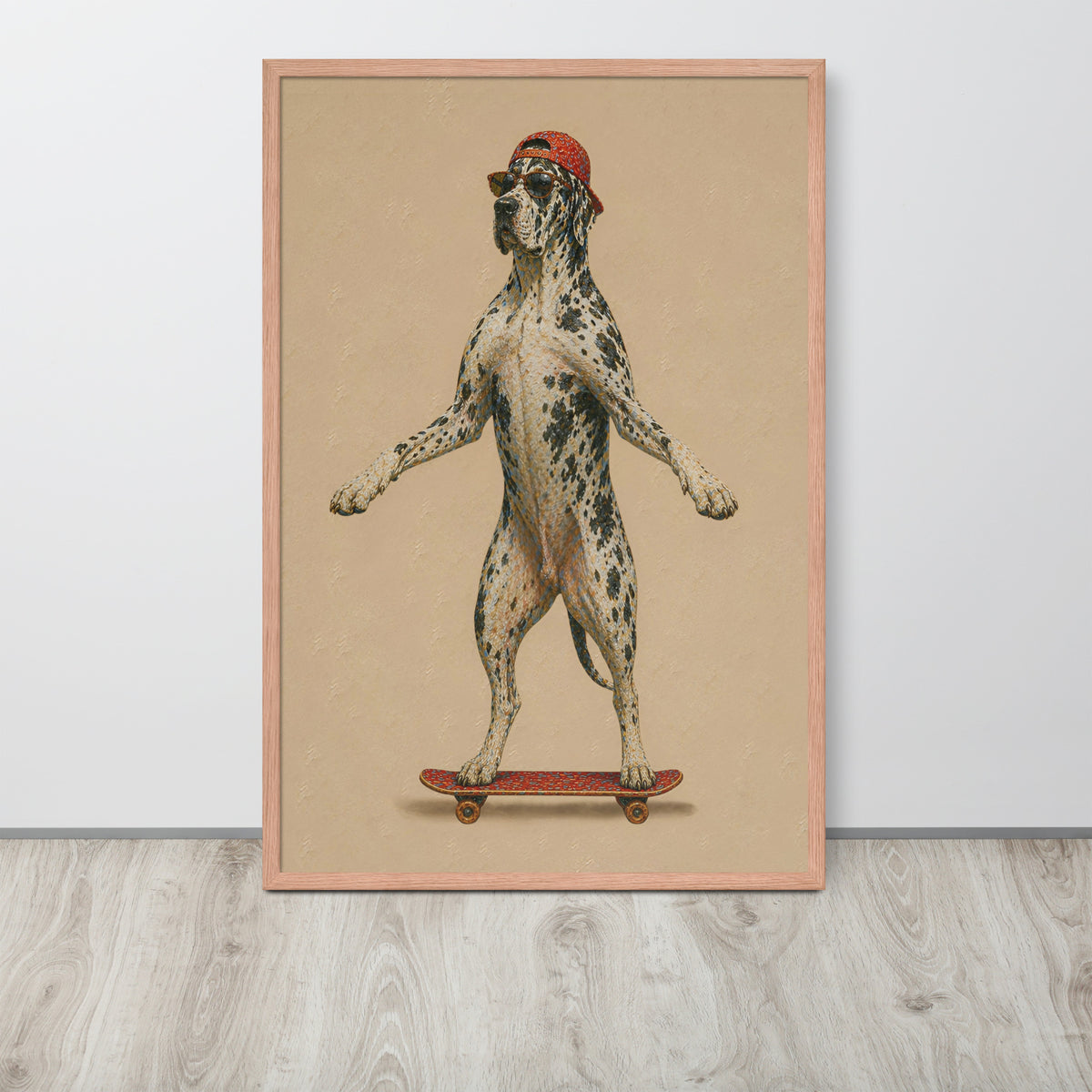 Funny great dane mastiff wall art print featuring a great dane standing on a skateboard against a beige background, leaning against a white wall on a light wood floor.