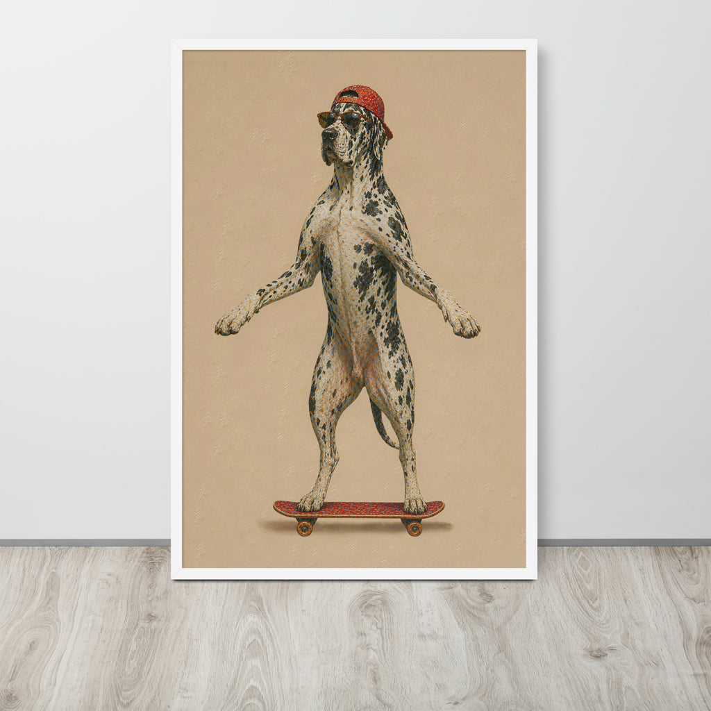 Whimsical great dane mastiff wall art poster featuring a great dane mastiff standing on a skateboard against a beige background, leaning against a light gray wall on a light wood floor.