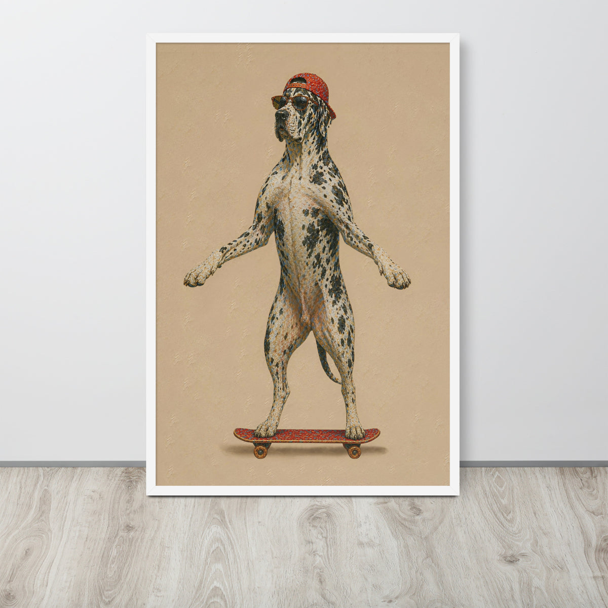 Whimsical great dane mastiff wall art poster featuring a great dane mastiff standing on a skateboard against a beige background, leaning against a light gray wall on a light wood floor.