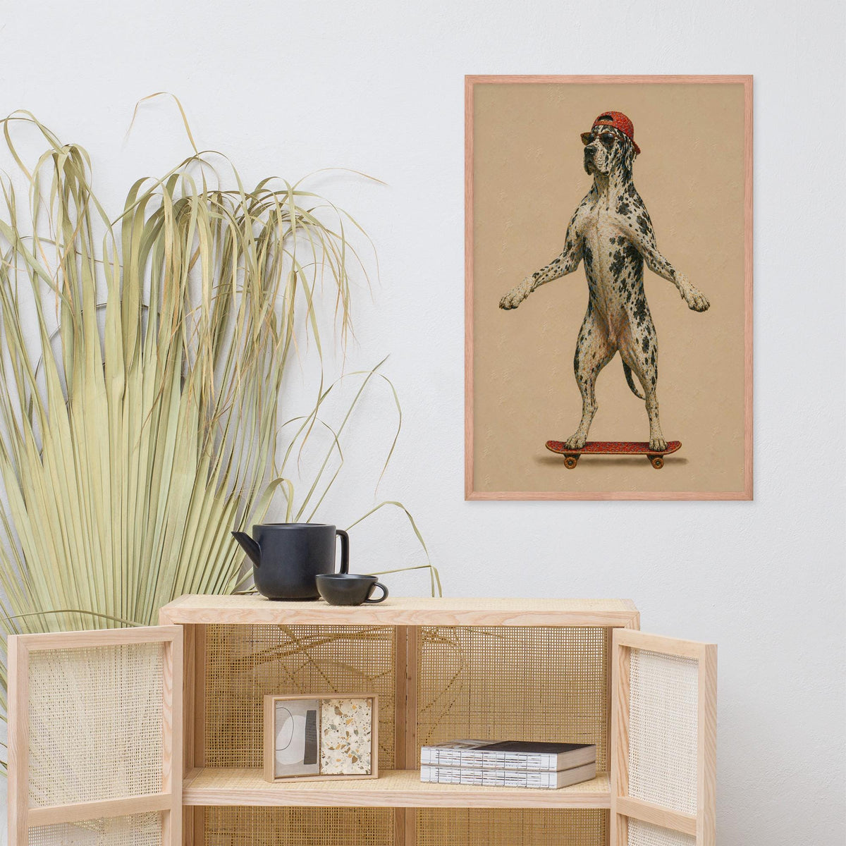 GreatDane Mastiff Skateboard Wall Art displayed in a modern room, ideal funny dog wall art accent for minimalist dog art