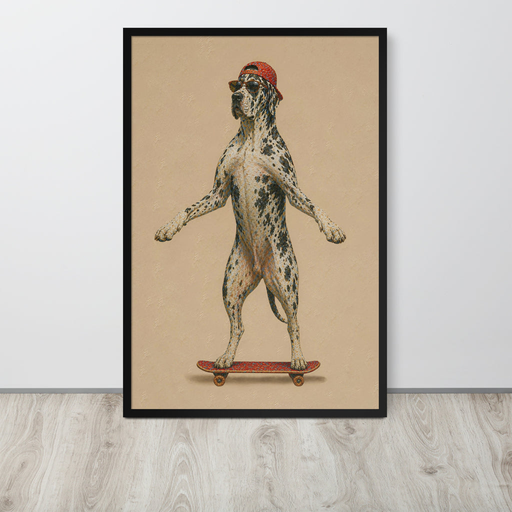 Great dane mastiff wall art print featuring a great dane mastiff dog standing on a skateboard against a beige background, hung on a white wall above a light wood floor.