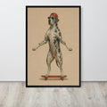 Great dane mastiff wall art print featuring a great dane mastiff dog standing on a skateboard against a beige background, hung on a white wall above a light wood floor.