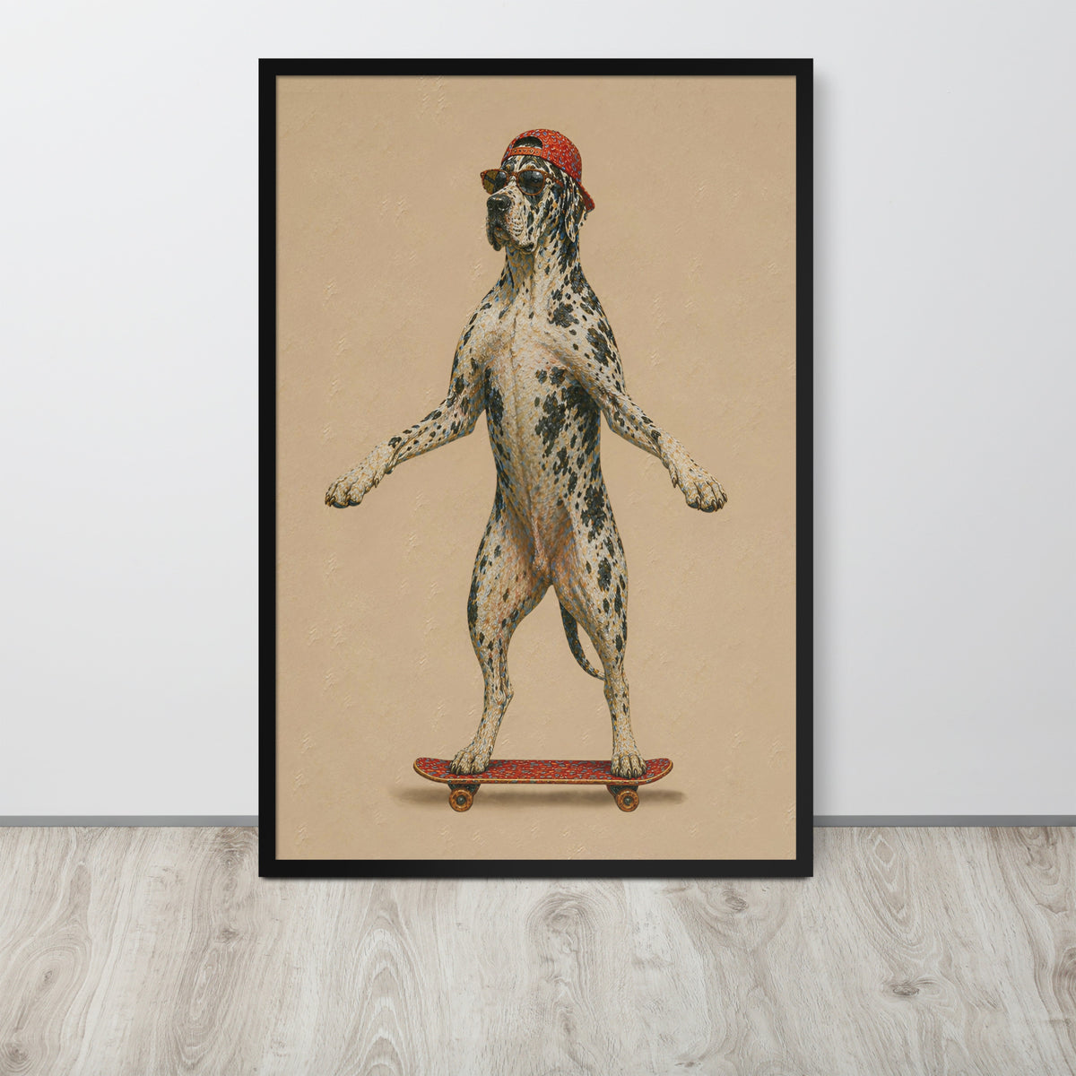 Great dane mastiff wall art print featuring a great dane mastiff dog standing on a skateboard against a beige background, hung on a white wall above a light wood floor.