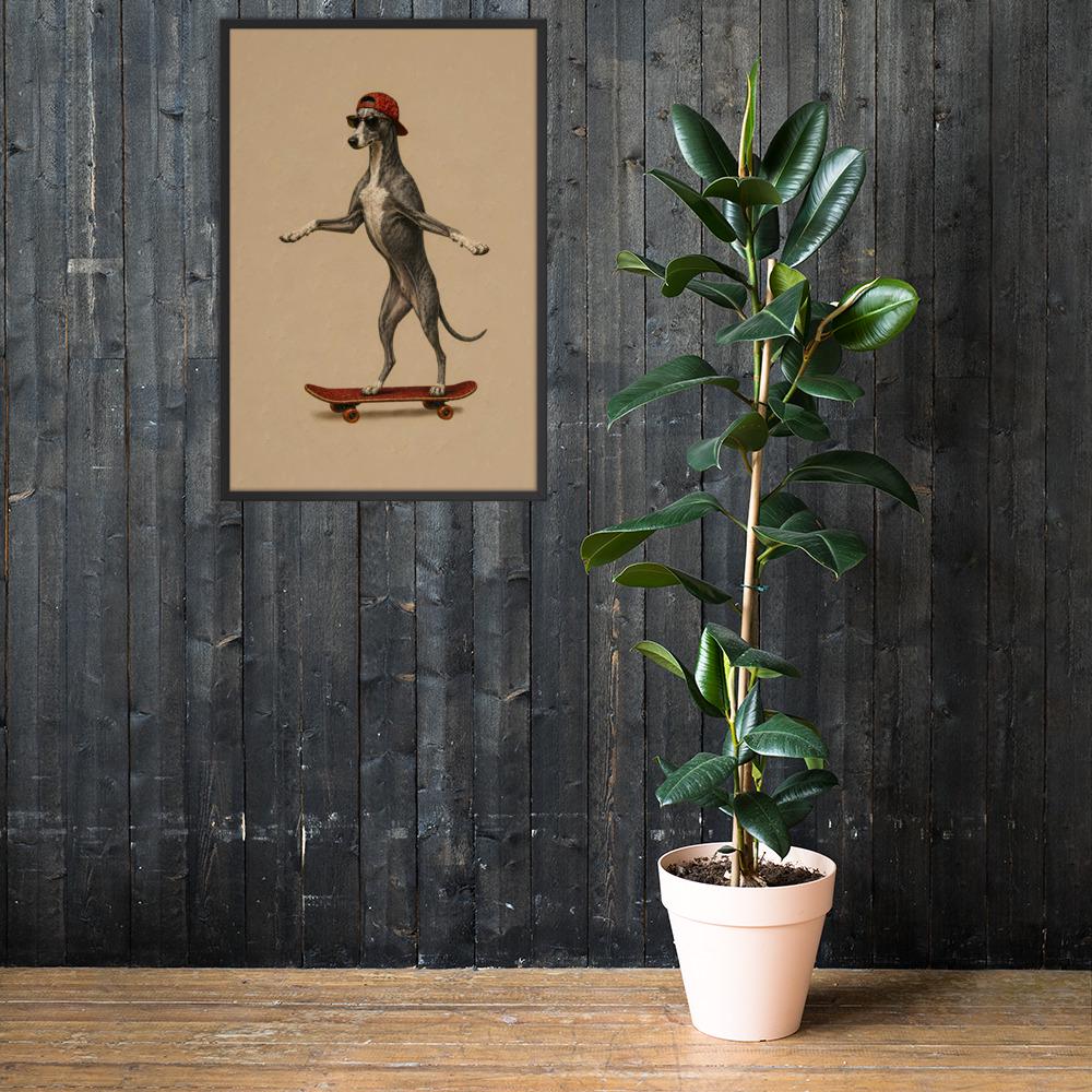 Greyhound Dog Skateboard Wall Art mockup highlighting cute greyhound art and greyhound print style