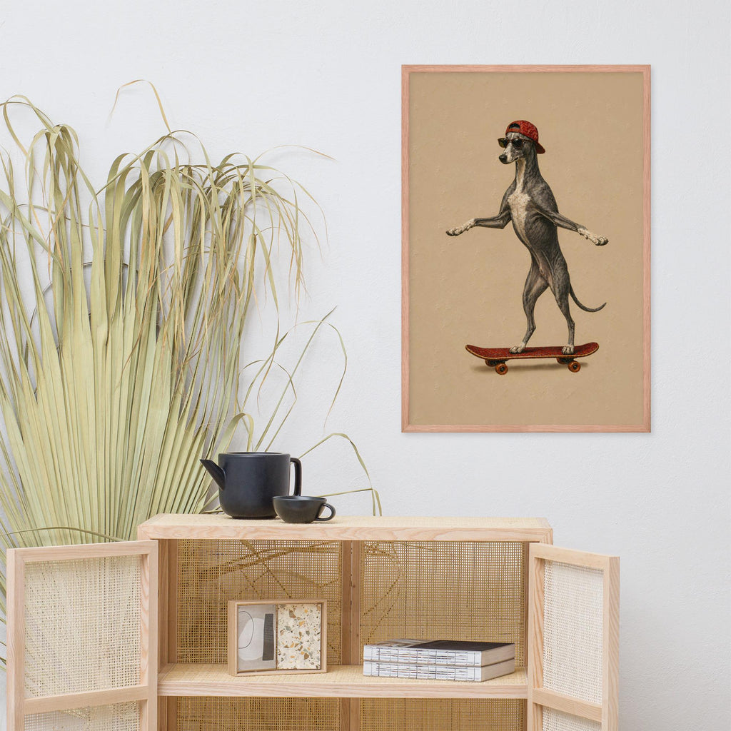 Greyhound Dog Skateboard Wall Art displayed in a modern room, ideal dog skateboard art accent for minimalist dog art