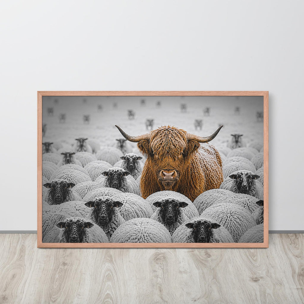 Highland Cow Among Sheep Print displayed in a modern room, ideal highland cow art accent for monochrome wall art
