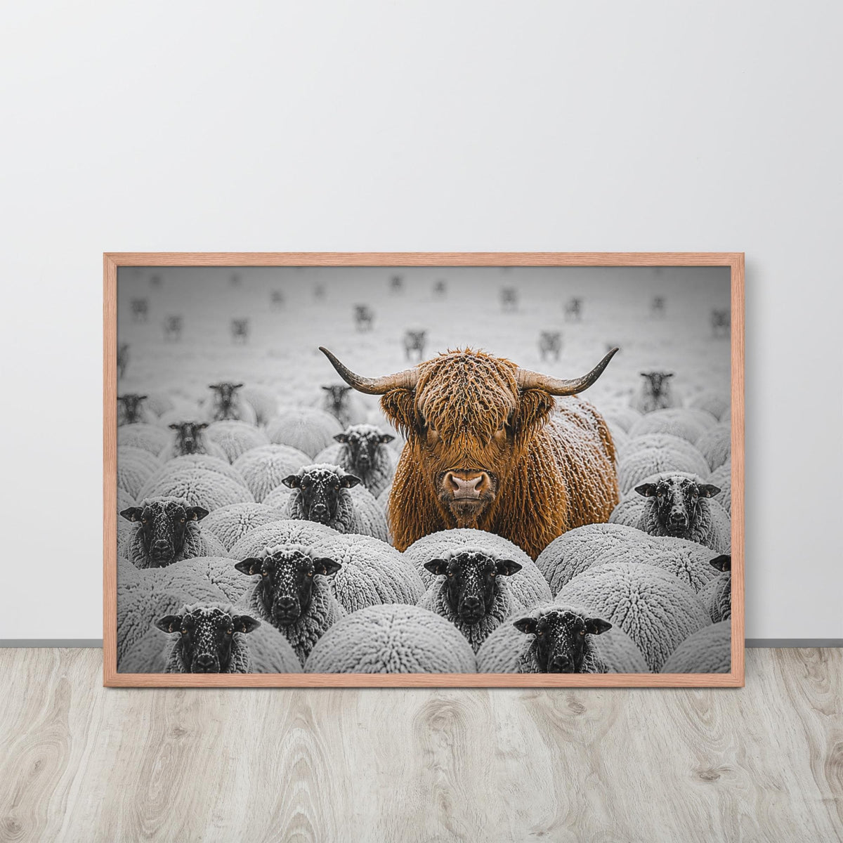 Highland Cow Among Sheep Print displayed in a modern room, ideal highland cow art accent for monochrome wall art