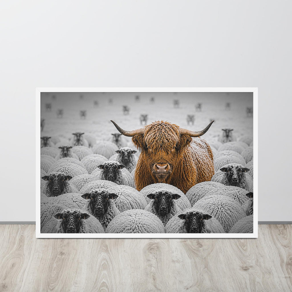 Highland Cow Among Sheep Print with highland cow artwork details, curated for motivational art interiors