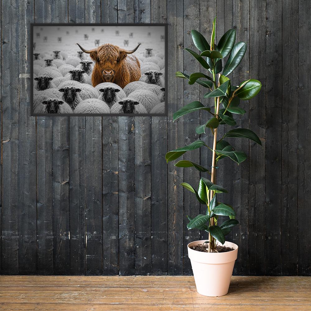 Highland Cow Among Sheep Print styled on a wall, blending dopamine decor and highland cow print inspiration