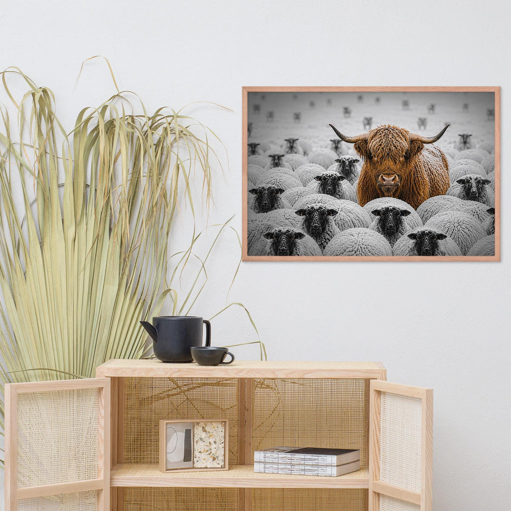 Highland Cow Among Sheep Print showcasing fine art photography, a great pick for masculine wall art lovers