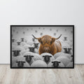 Highland Cow Among Sheep Print mockup highlighting highland cow and monochrome poster style