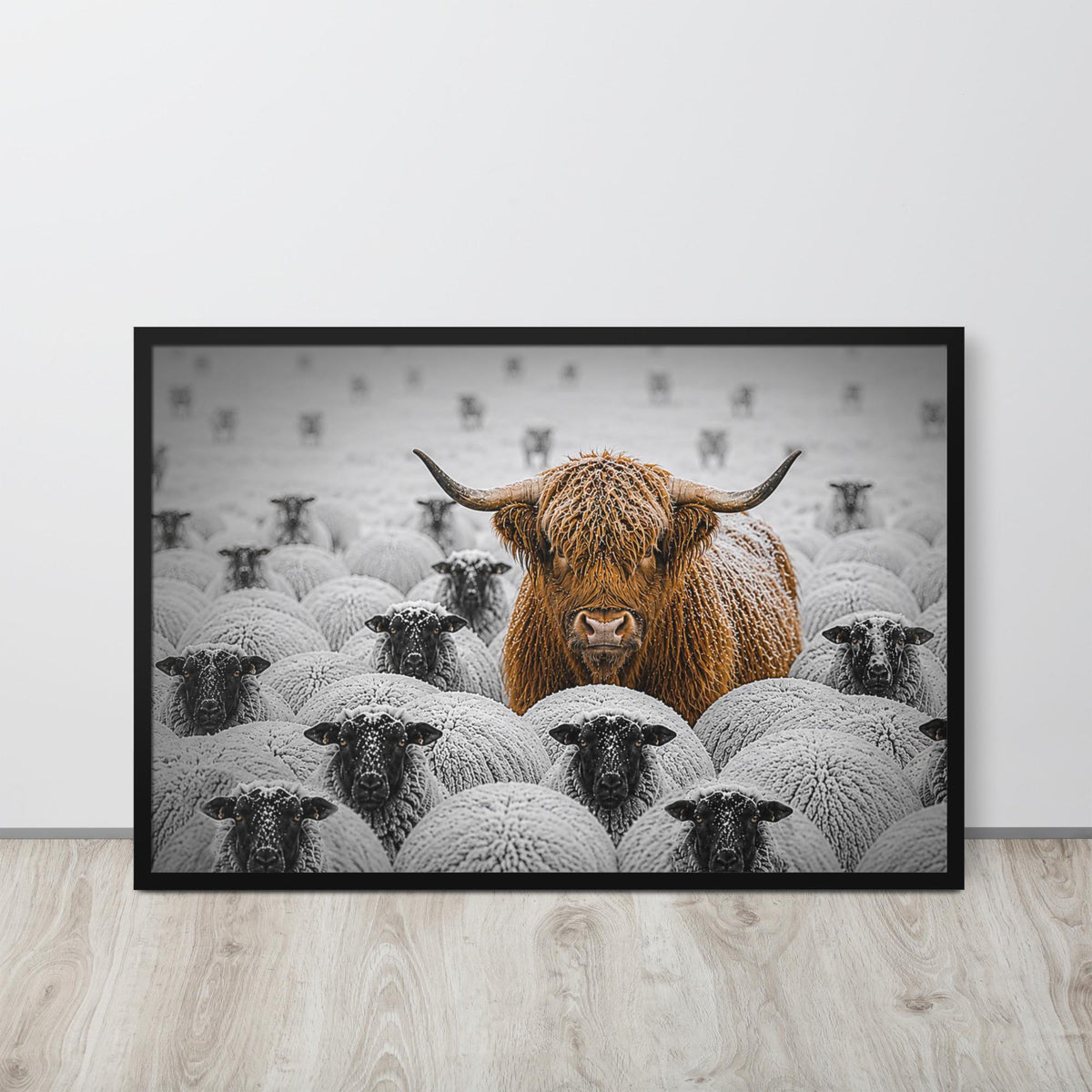 Highland Cow Among Sheep Print mockup highlighting highland cow and monochrome poster style