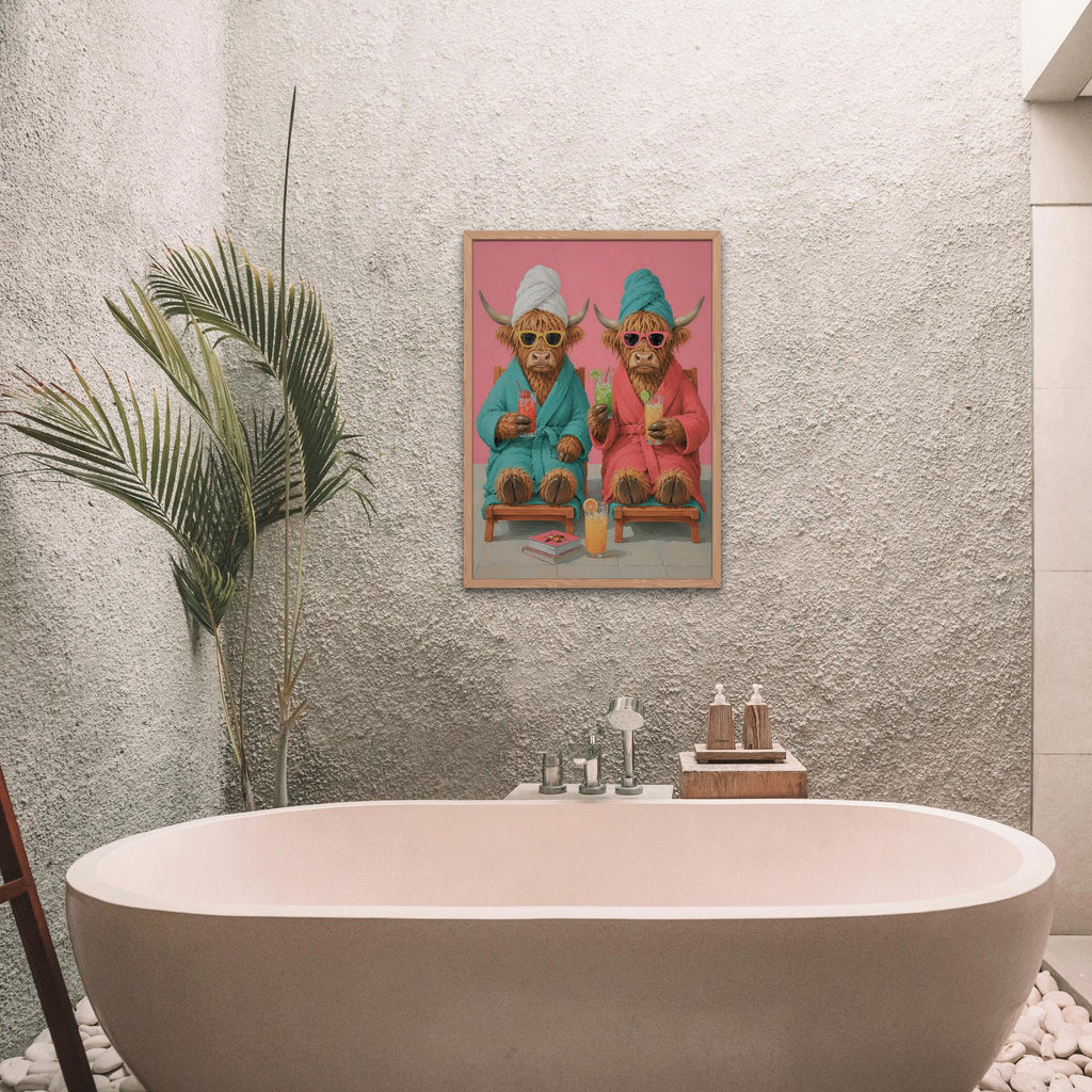 Highland Cow Spa Day Wall Art styled on a wall, blending cozy animal decor and gift for wife inspiration