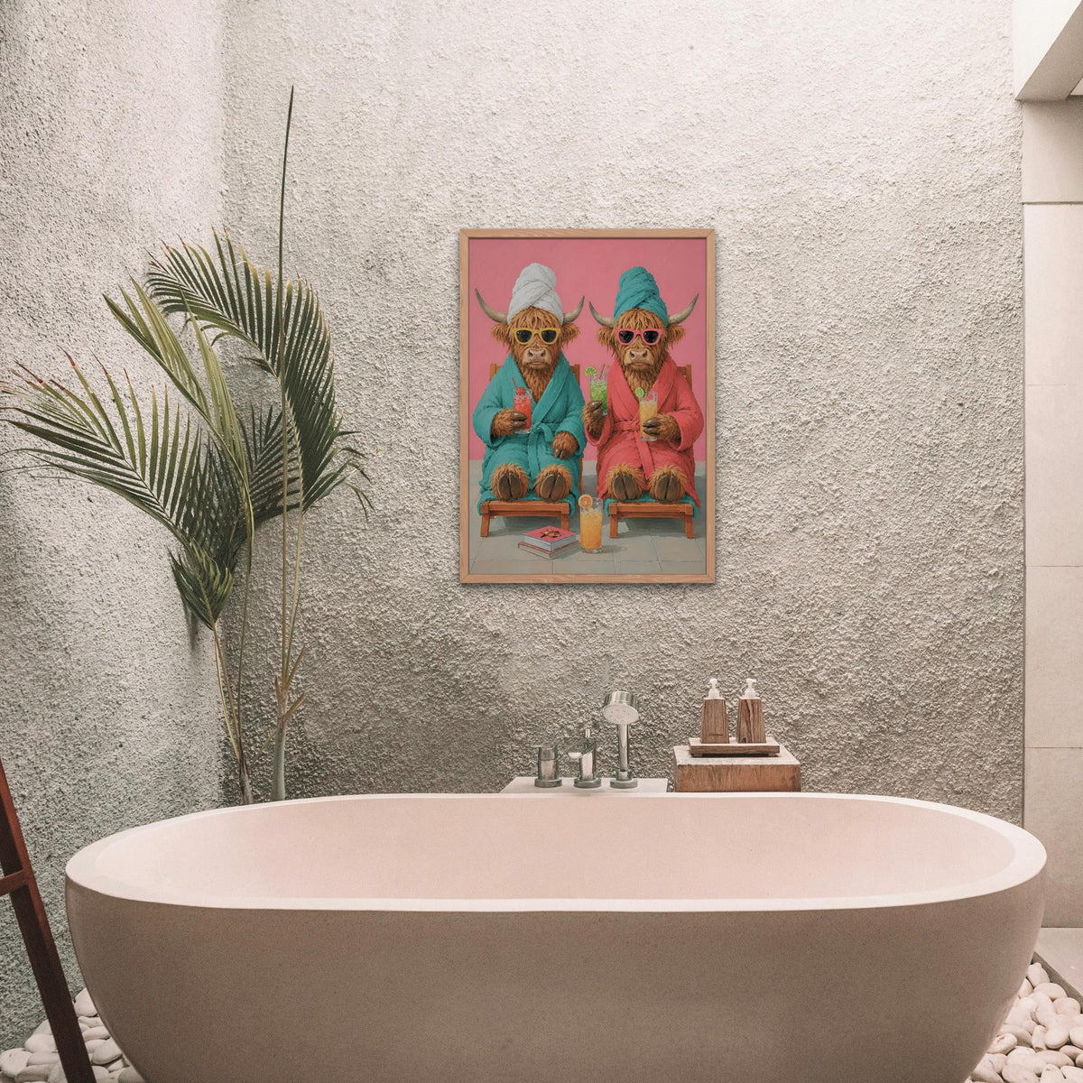 Highland Cow Spa Day Wall Art styled on a wall, blending cozy animal decor and gift for wife inspiration