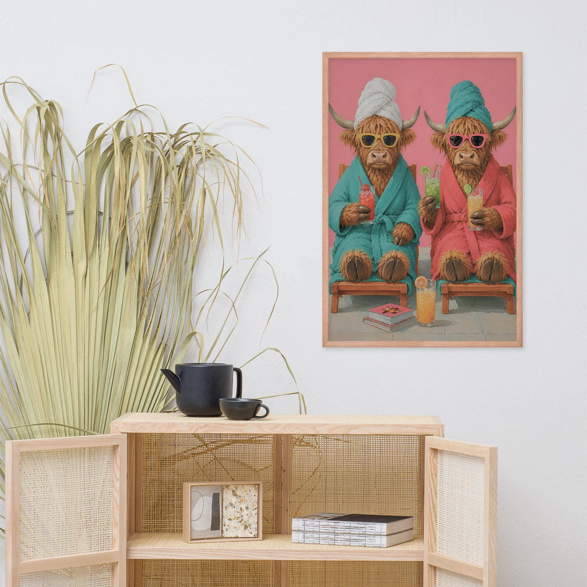 Highland Cow Spa Day Wall Art displayed in a modern room, ideal funny cow poster accent for highland cow print