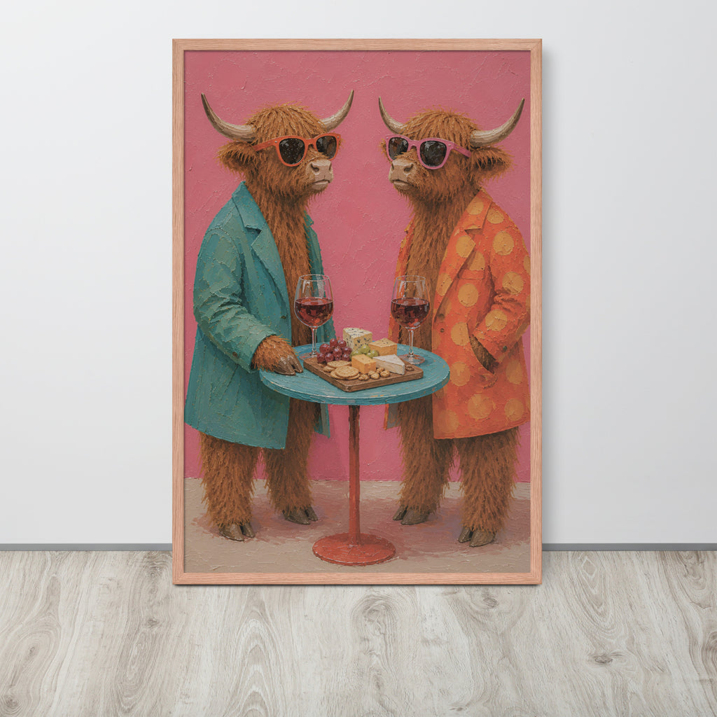 A framed whimsical farmhouse wall art print featuring two fluffy Highland cows in sunglasses, one in a teal blazer and one in an orange polka-dot jacket, standing behind a small table with wine glasses and cheese on a pink background, displayed against a white wall on a light wood floor.