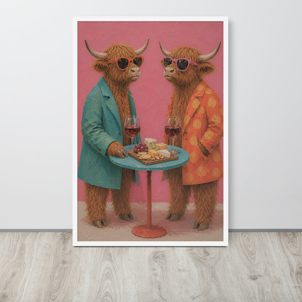 A framed funny farm wall art print featuring two fluffy Highland cattle in sunglasses, one in a teal blazer and one in an orange polka-dot jacket, standing behind a small table with wine glasses and cheese. The print is displayed against a light gray wall on a light wood floor.