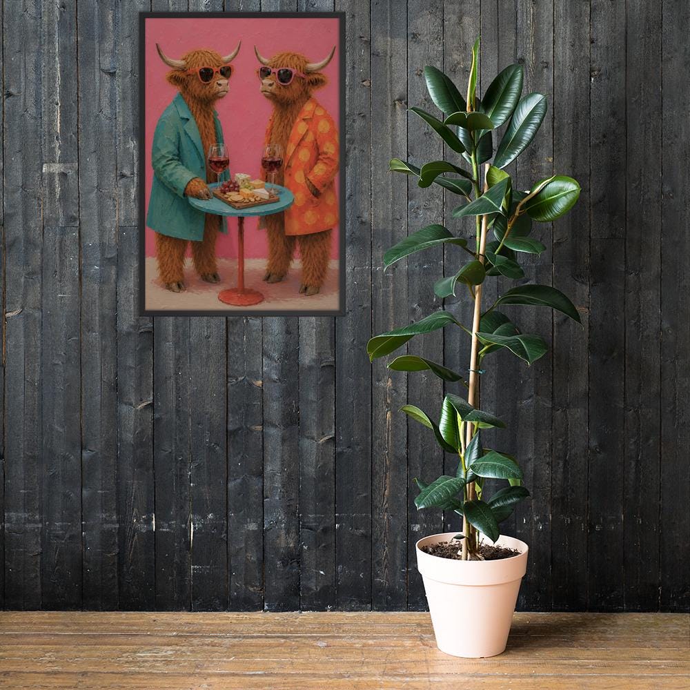 Highland Cow Wine & Cheese Wall Art mockup highlighting funny kitchen art and highland cows cheese style