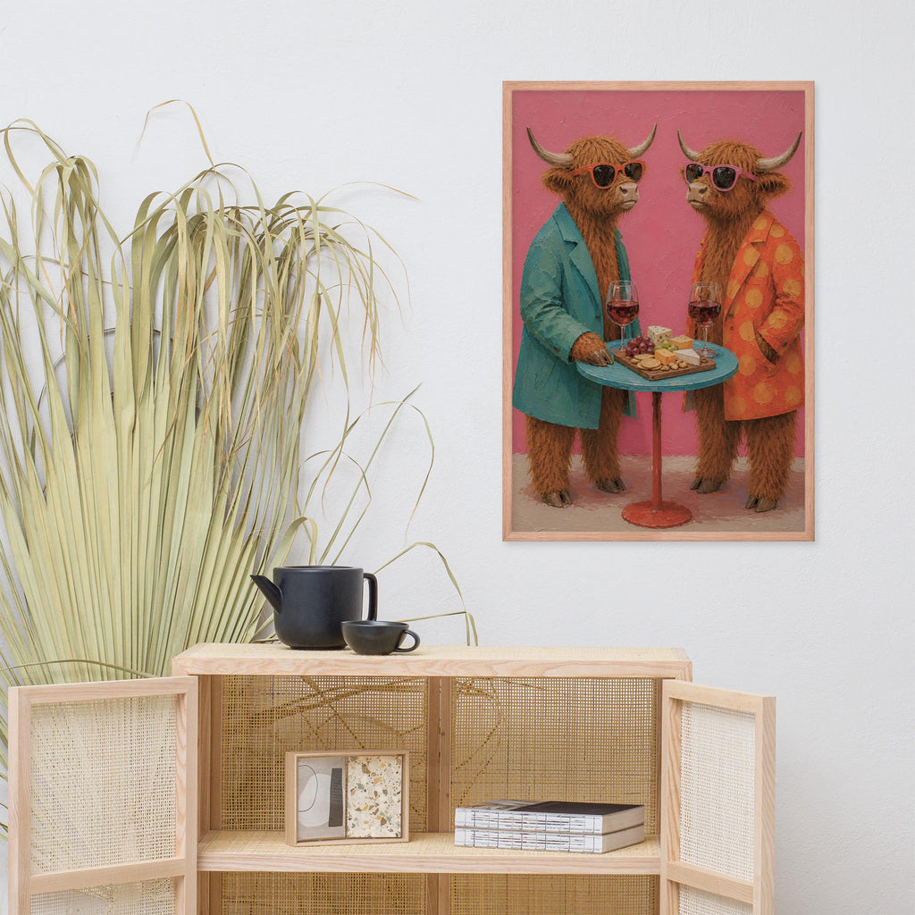 Highland Cow Wine & Cheese Wall Art displayed in a modern room, ideal funny wine cheese accent for highland cows decor