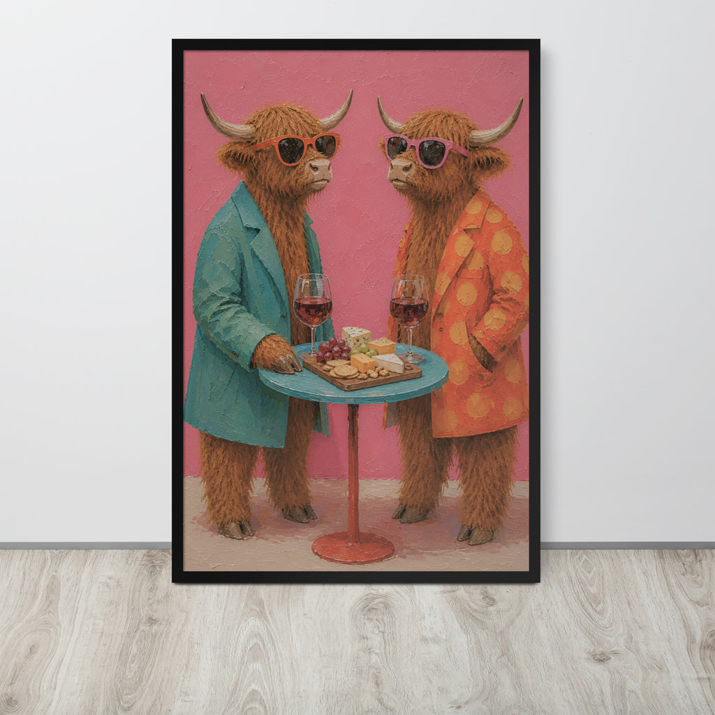 A framed funny farmhouse wall art print featuring two fluffy Highland cows in sunglasses, one in a teal blazer and one in an orange polka-dot jacket, standing behind a small table with wine glasses and cheese. The print is displayed on a light gray wall above a light wood floor.