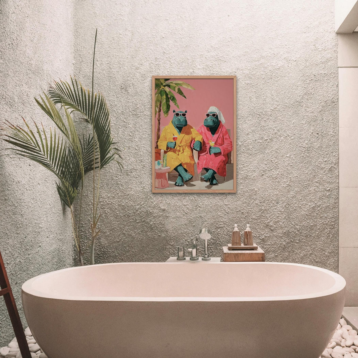 Hippopotamus Spa Day Wall Art styled on a wall, blending funny bathroom art and hippo poster inspiration