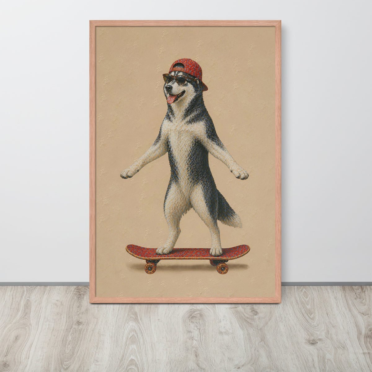 Funny husky dog wall art print featuring a stylized illustration of a husky dog wearing a red cap and sunglasses while riding a skateboard, displayed against a light gray wall on a light wood floor.