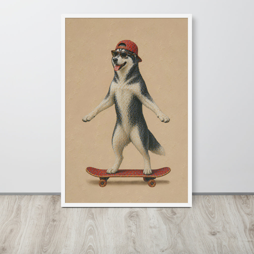 Dog lover wall art print featuring a Siberian husky standing on a skateboard and wearing a red cap, displayed against a light gray wall on a light wood floor.