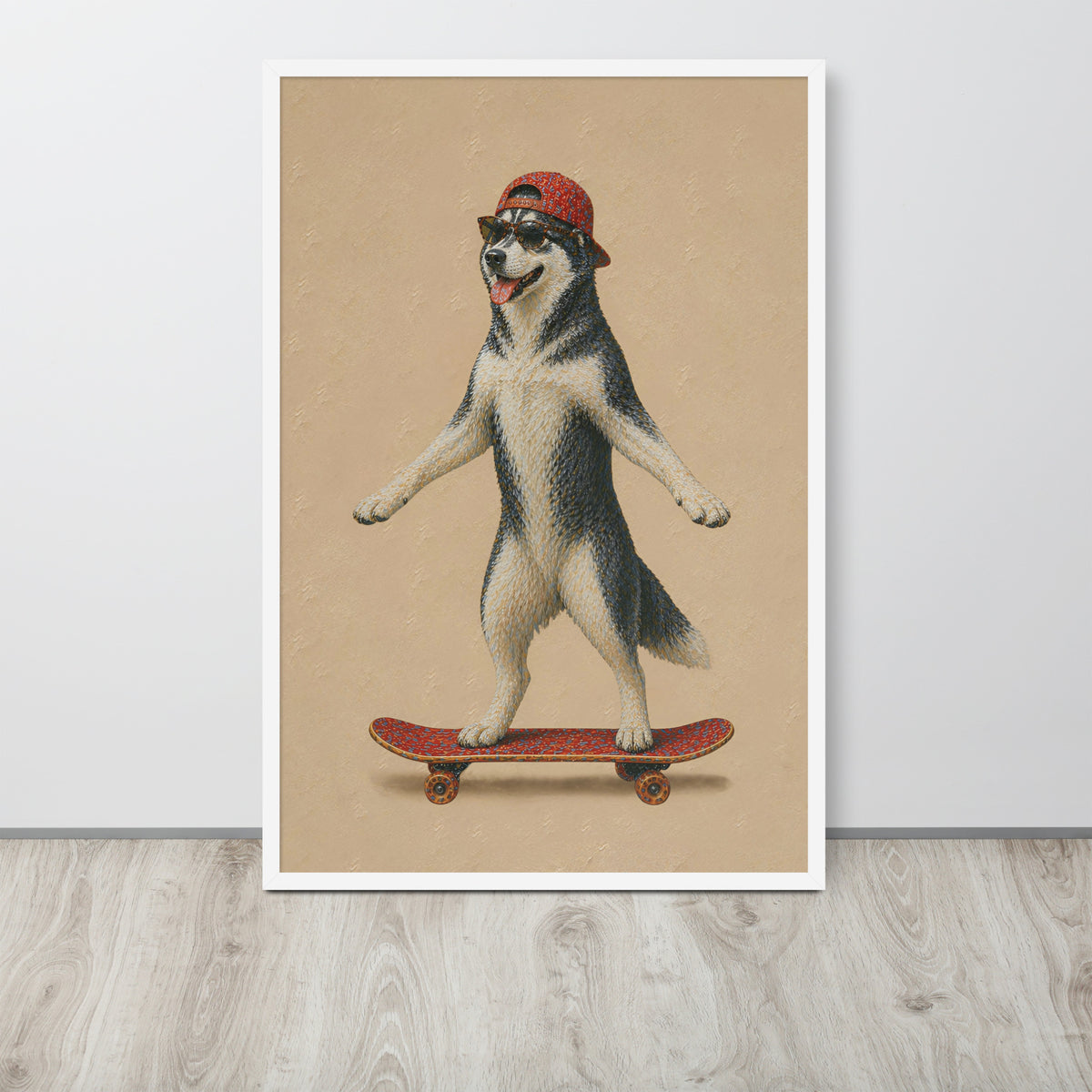 Dog lover wall art print featuring a Siberian husky standing on a skateboard and wearing a red cap, displayed against a light gray wall on a light wood floor.