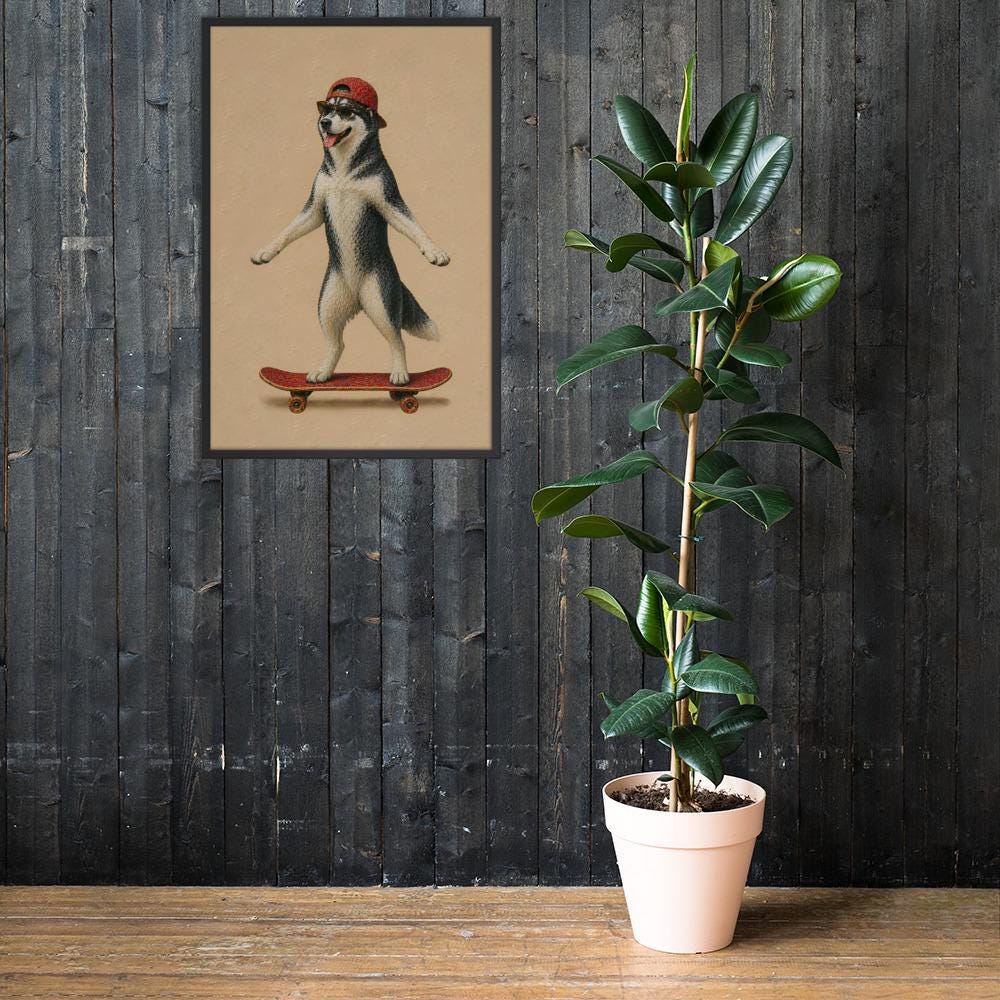 Husky Dog Skateboard Wall Art mockup highlighting funny nursery art and husky wall art style