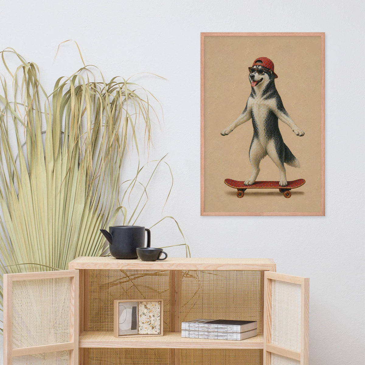 Husky Dog Skateboard Wall Art displayed in a modern room, ideal husky art accent for minimalist dog art