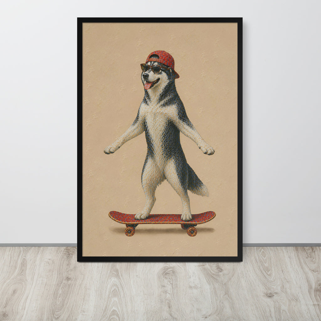 Husky dog wall art print featuring a stylized illustration of a husky dog balancing on a skateboard, wearing a red cap and sunglasses, set against a beige background and leaning against a white wall on a light wood floor.