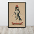 Husky dog wall art print featuring a stylized illustration of a husky dog balancing on a skateboard, wearing a red cap and sunglasses, set against a beige background and leaning against a white wall on a light wood floor.