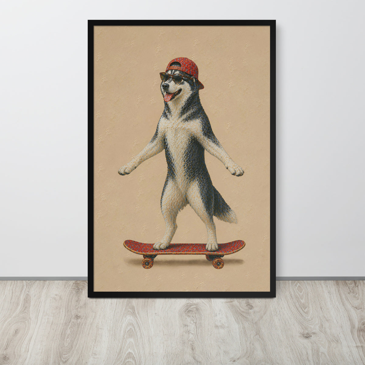 Husky dog wall art print featuring a stylized illustration of a husky dog balancing on a skateboard, wearing a red cap and sunglasses, set against a beige background and leaning against a white wall on a light wood floor.