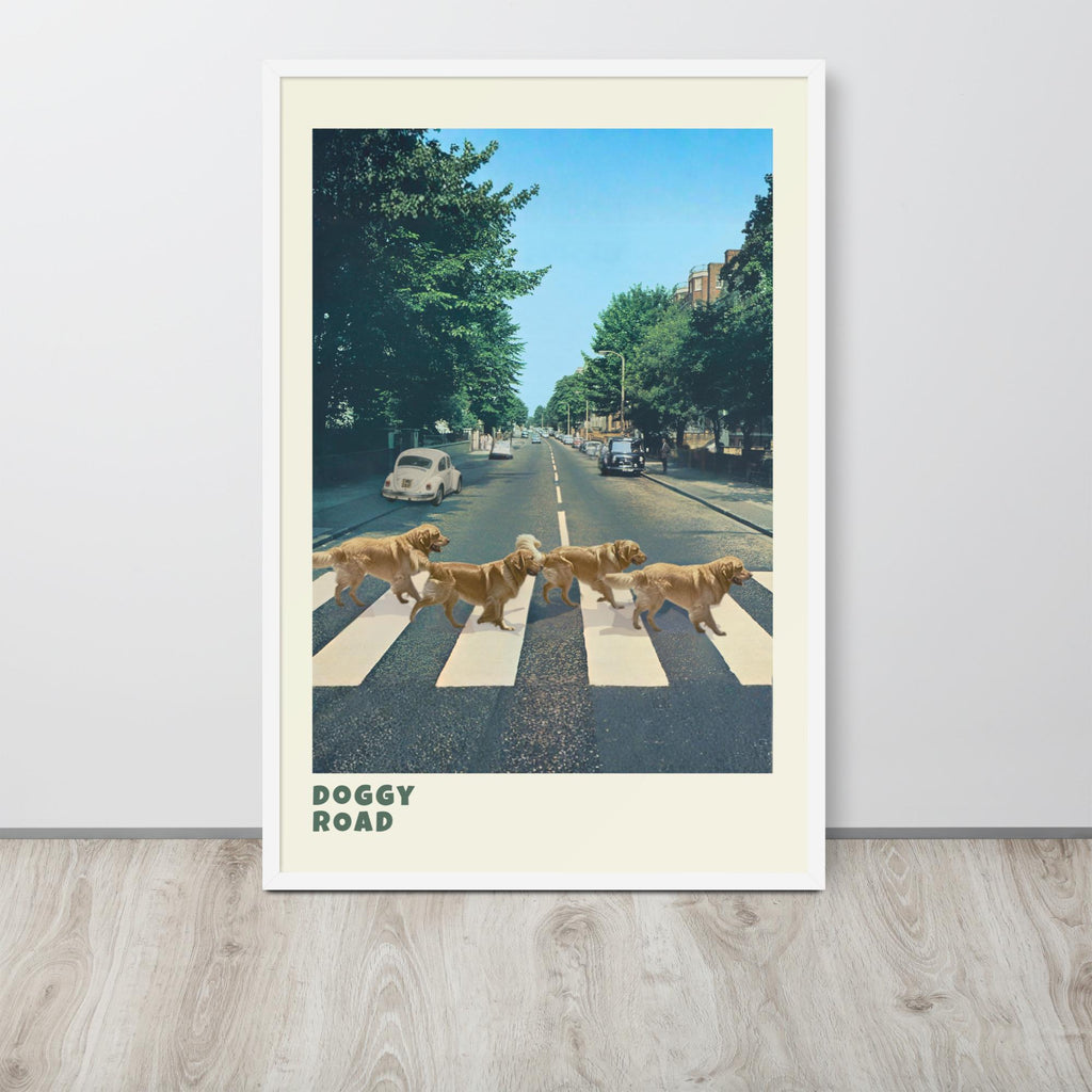 Abbey Road Dogs Wall Art displayed in a modern room, ideal funny bathroom art accent for whimsical dog art