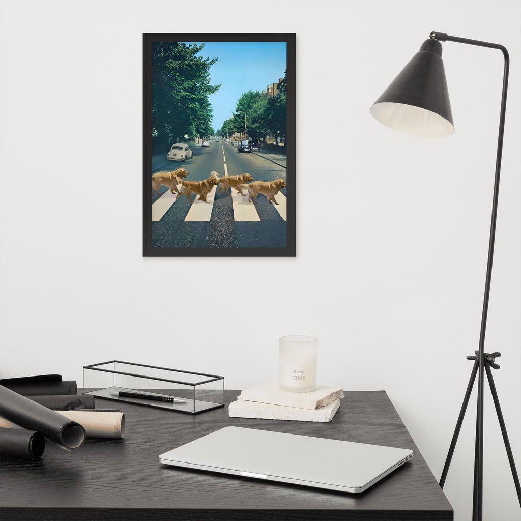 Abbey Road Dogs Wall Art styled on a wall, blending beatles art and funny cat posters inspiration