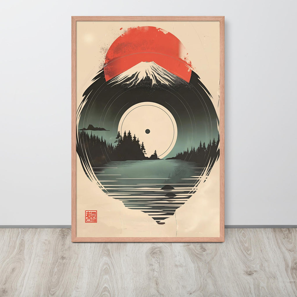 Japandi Mount Fuji Sun Vinyl Art Print styled on a wall, blending japandi vinyl and mount fuji poster inspiration