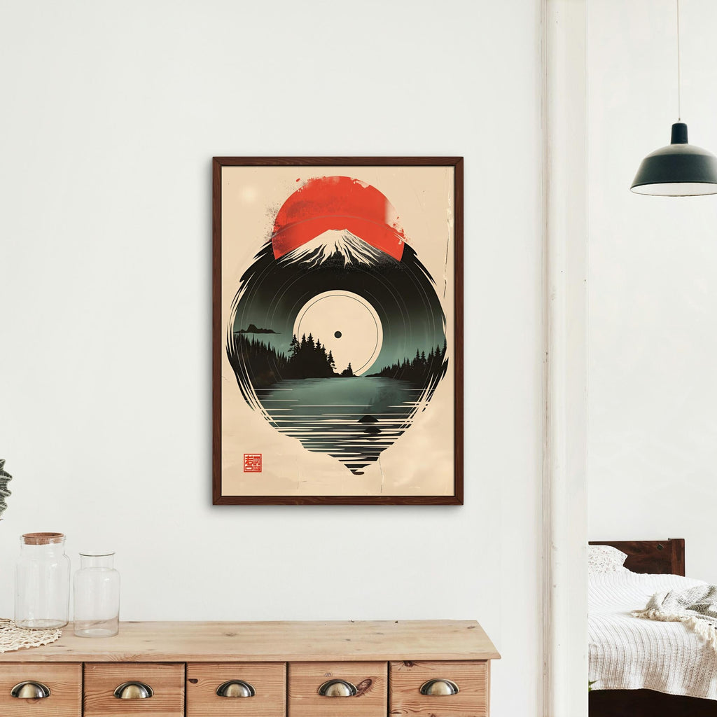 Japandi Mount Fuji Sun Vinyl Art Print mockup highlighting japanese art and mount fuji wall art style