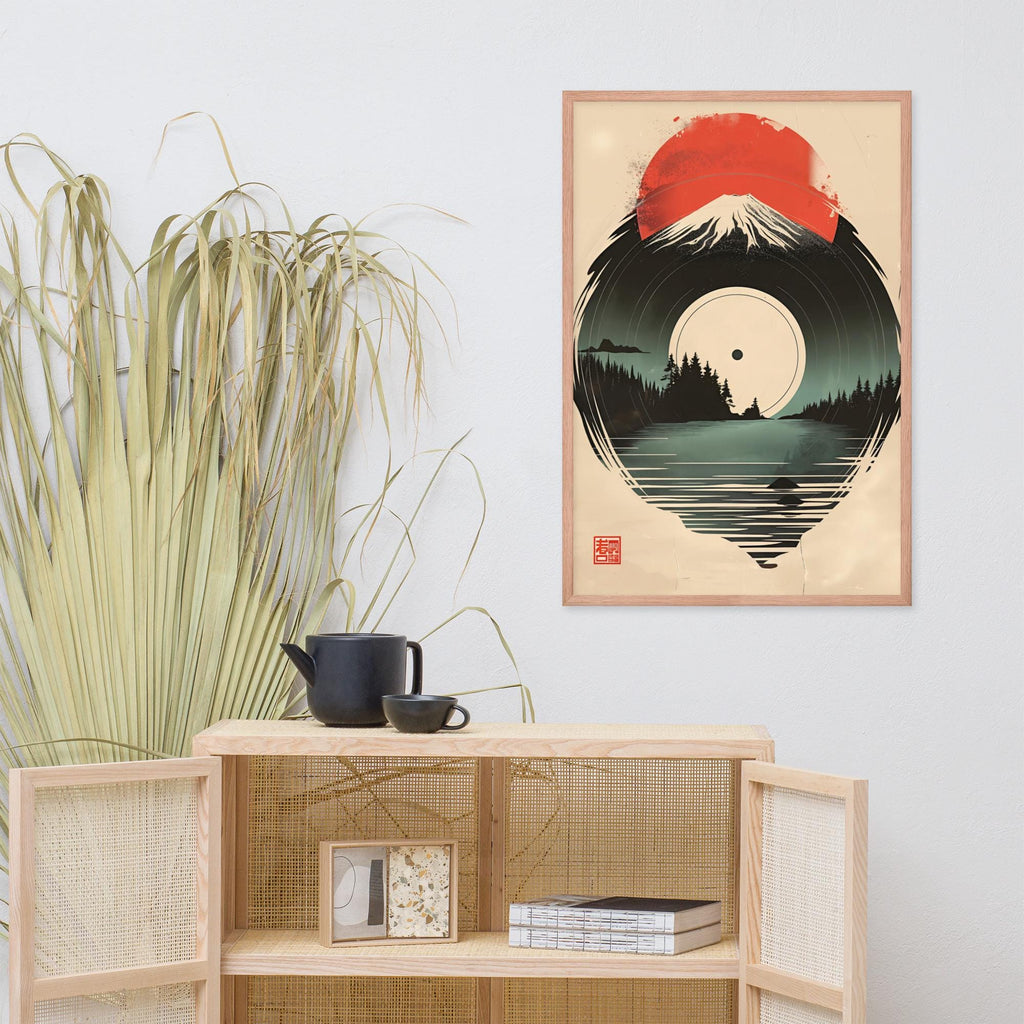 Japandi Mount Fuji Sun Vinyl Art Print displayed in a modern room, ideal japanese print accent for music art