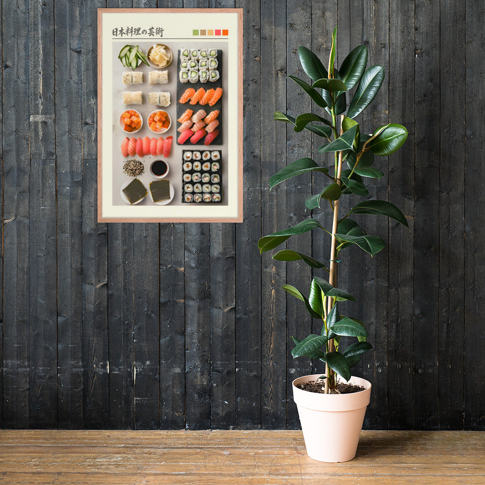 Japanese sushi art print hanging on a dark wood-paneled wall next to a potted rubber plant. The print features various types of sushi arranged in a grid with Japanese text at the top.