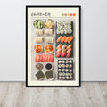 Sushi wall art featuring an overhead layout of Japanese sushi and sashimi on a light wall above a wood floor. The print includes labeled sections with nigiri, maki rolls, cucumber slices, pickled ginger, soy sauce, sesame seeds, and small colour swatches at the top.