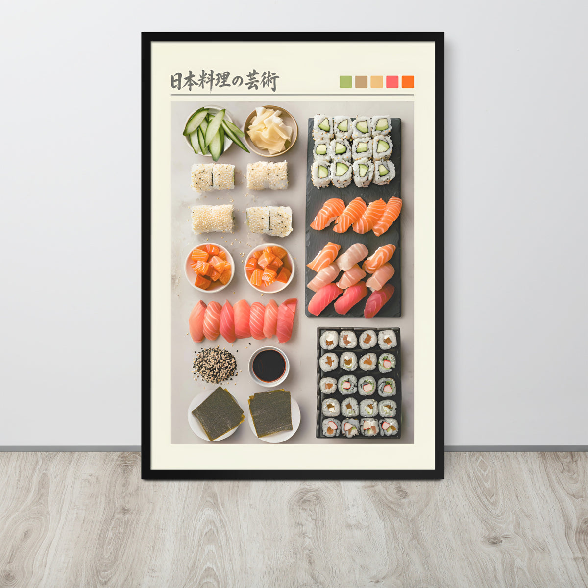 Sushi wall art featuring an overhead layout of Japanese sushi and sashimi on a light wall above a wood floor. The print includes labeled sections with nigiri, maki rolls, cucumber slices, pickled ginger, soy sauce, sesame seeds, and small colour swatches at the top.