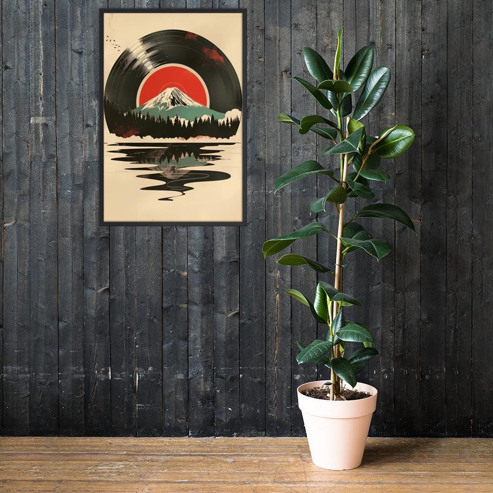 Japanese Mount Fuji Vinyl Art Print displayed in a modern room, ideal mount fuji poster accent for vinyl record art