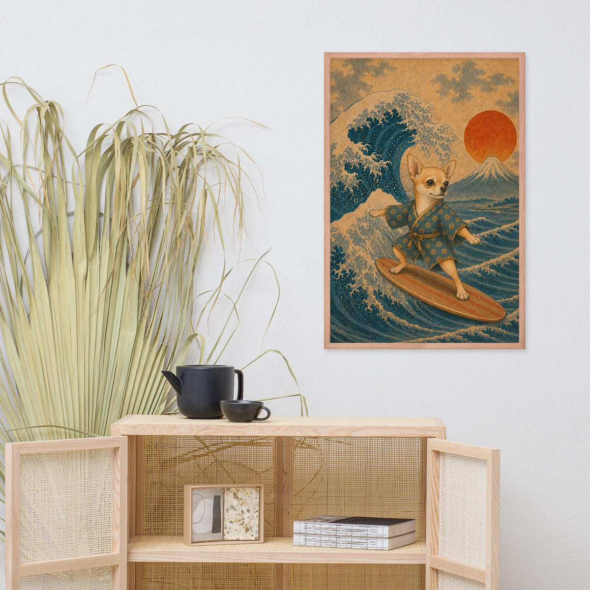 Japanese Chihuahua Print displayed in a modern room, ideal chihuahua poster accent for hokusai