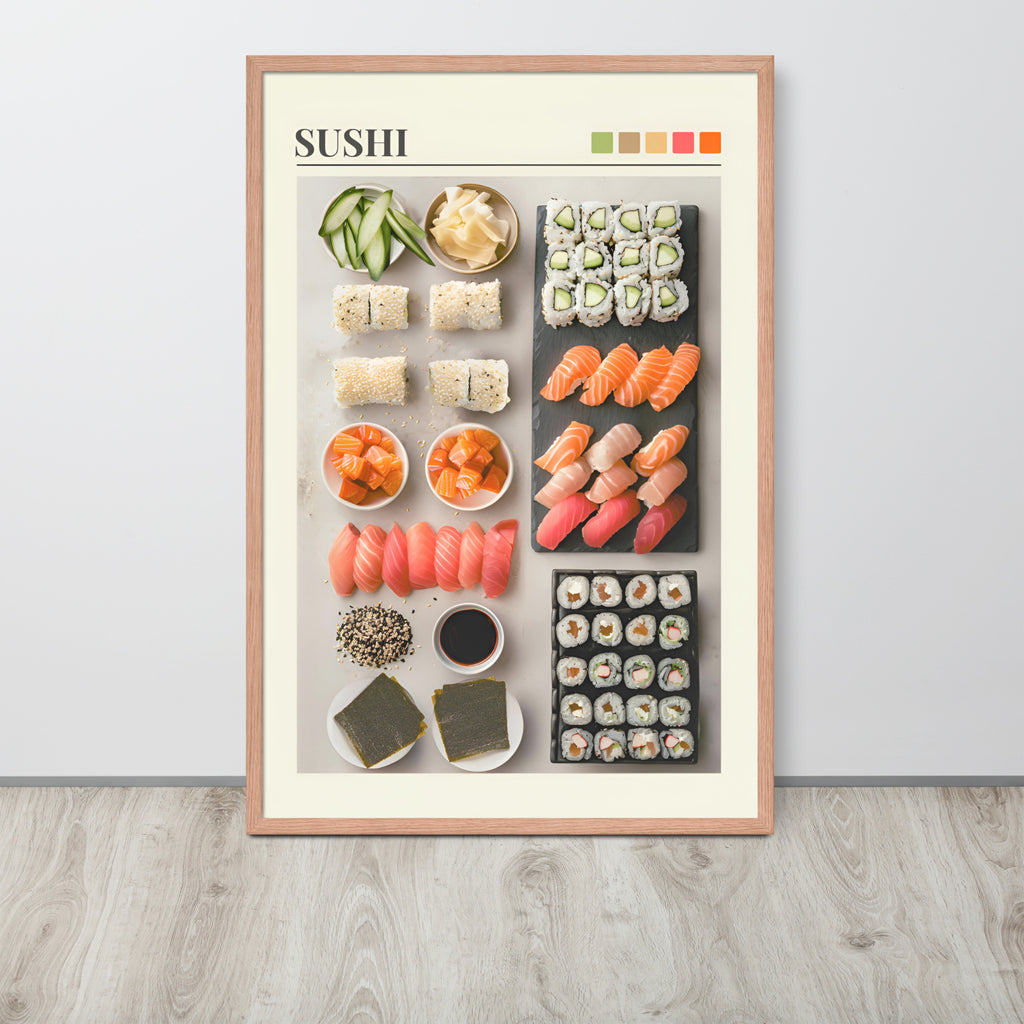 Sushi lover decor art print featuring an overhead layout of various sushi rolls, nigiri, and toppings, displayed on a light wall above a wood floor.