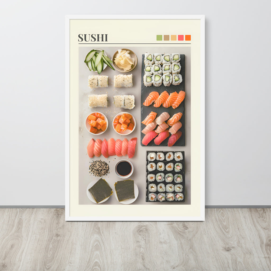 Japanese food sushi art print featuring an overhead food collage with various sushi rolls, nigiri, and dipping sauces, displayed on a light wall above a wood floor.