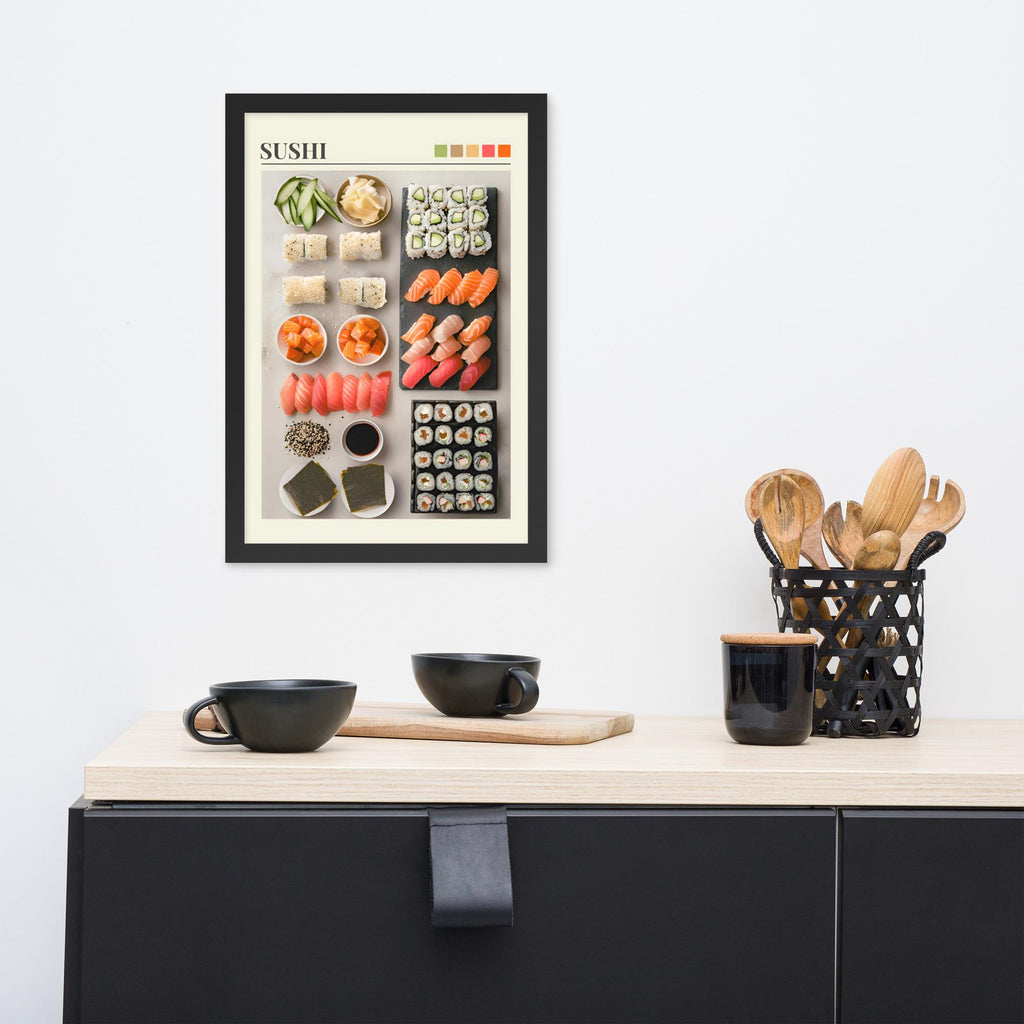 Japanese Sushi Wall Art Print styled on a wall, blending japanese food decor and sushi art inspiration