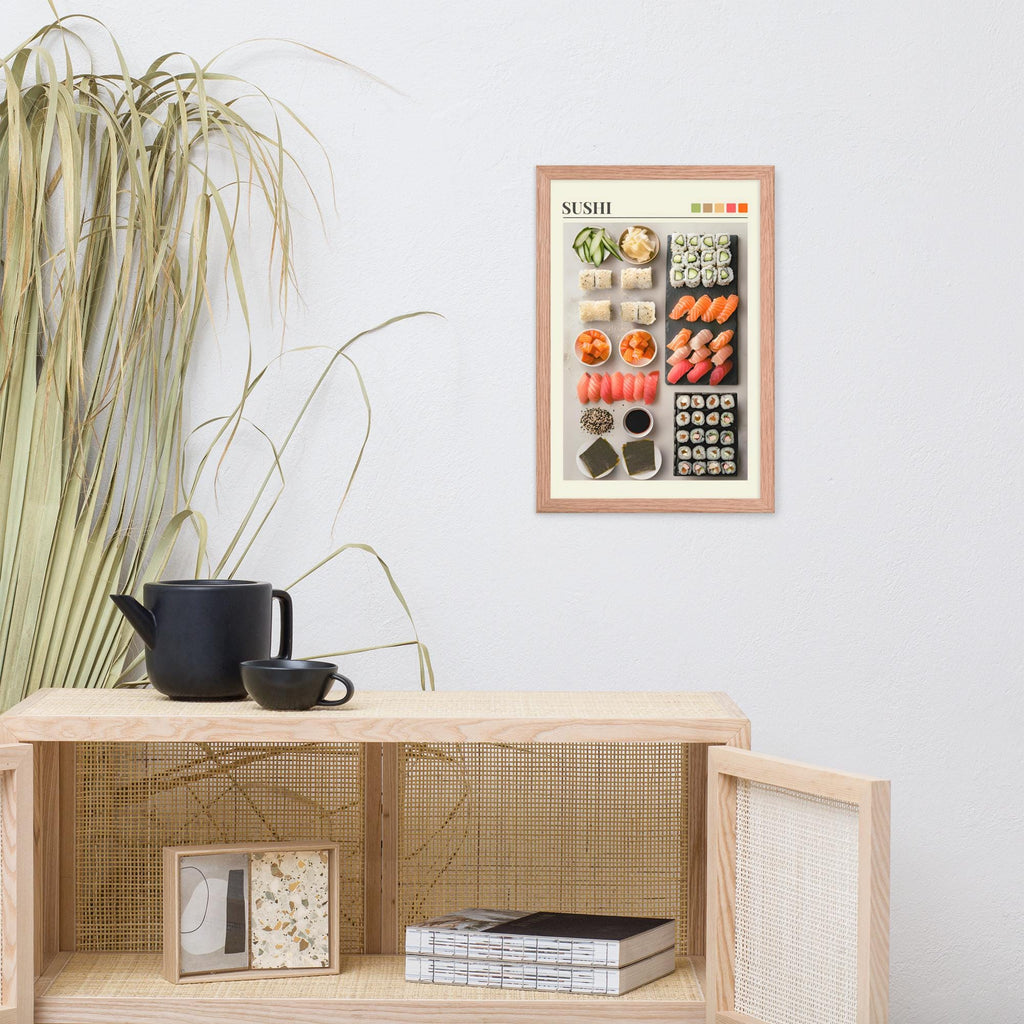 Japanese Sushi Wall Art Print displayed in a modern room, ideal japanese wall decor accent for sushi poster