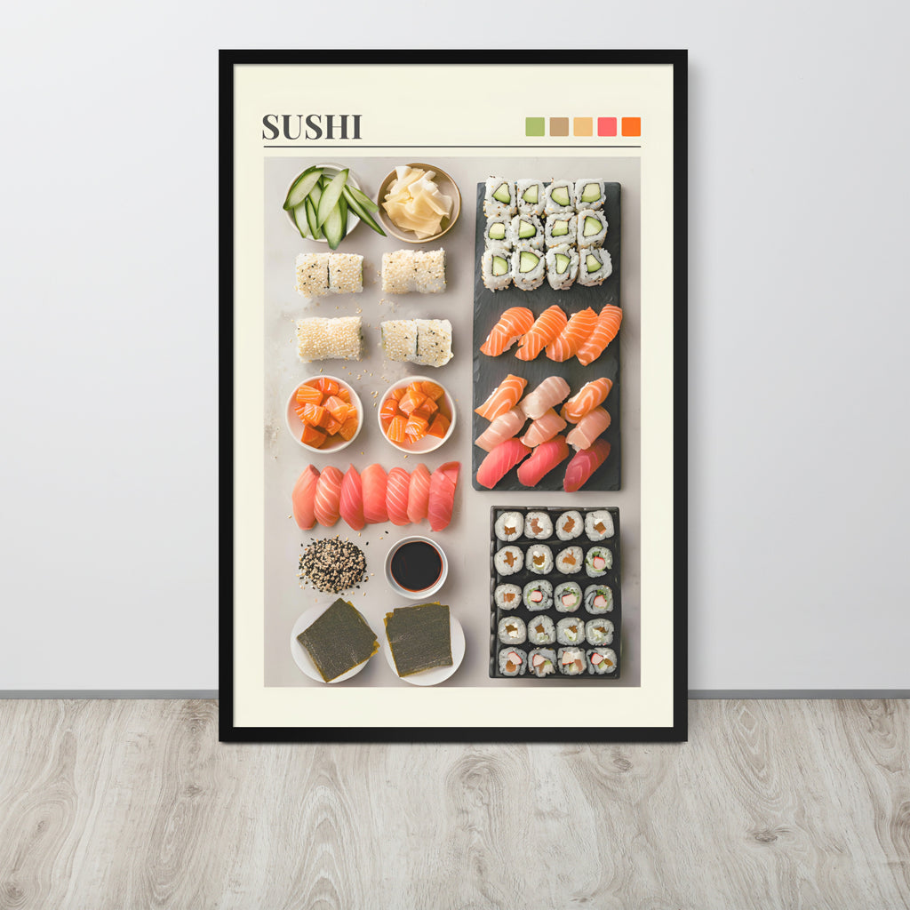 Sushi wall art print featuring an assortment of sushi rolls, nigiri, and toppings arranged on a light wood floor against a white wall.